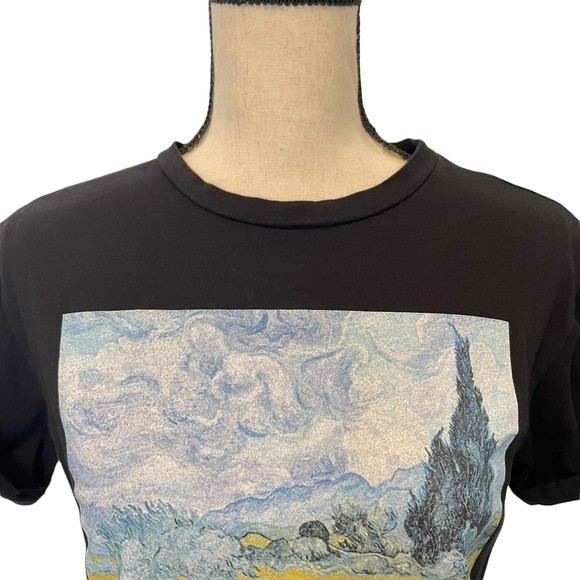 FRENCH PASTRY BLACK VAN GOGH CUFFED SLEEVE TEE T SHIRT TOP MEDIUM - Picture 2 of 10
